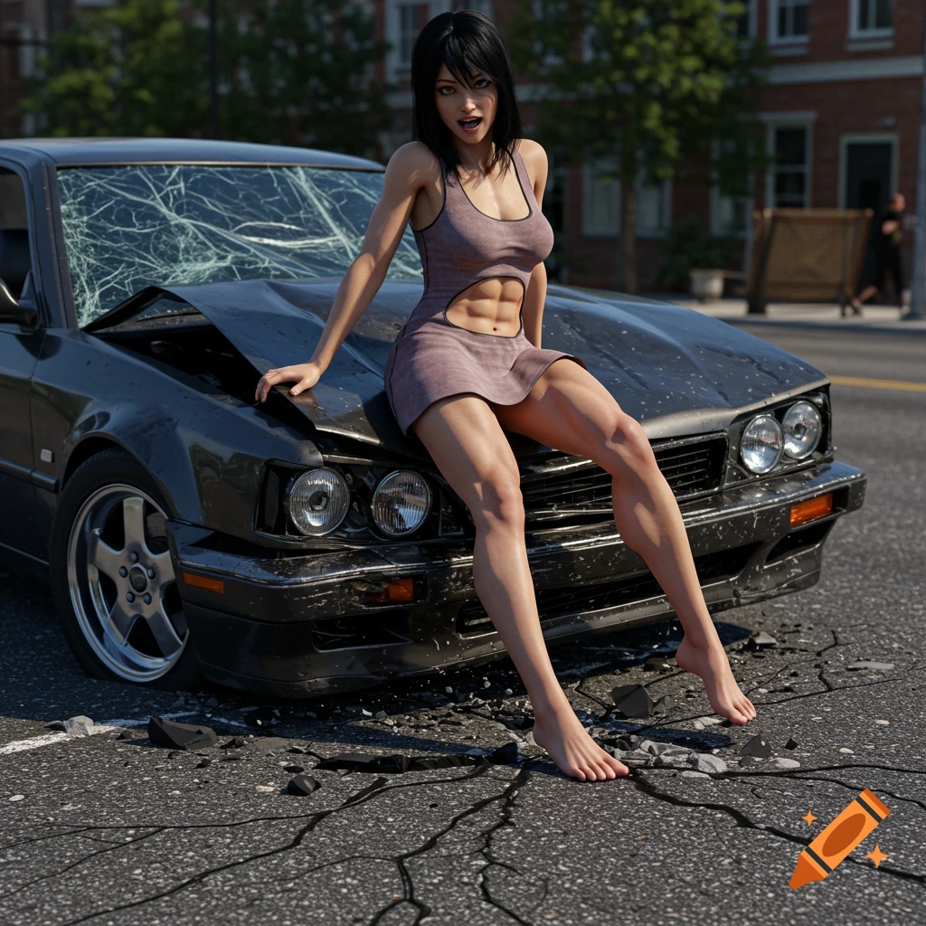 Digital illustration of a fit woman with abs, barefoot in a short dress, sitting on a dramatically crushed car hood on a cracked street.