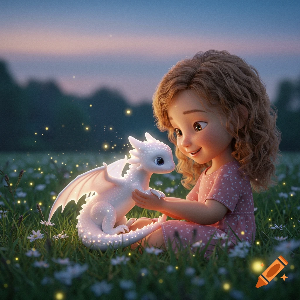A cute animated girl sits in a grassy field at dusk, gently holding a small, white, glowing dragon with blue eyes.