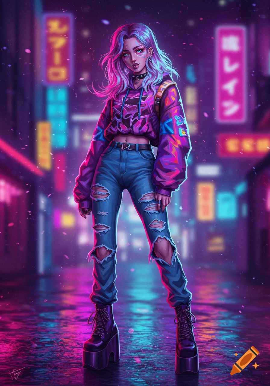A stylized e-girl with purple hair, ripped jeans, and a cropped hoodie stands in a neon-lit cyberpunk city street.
