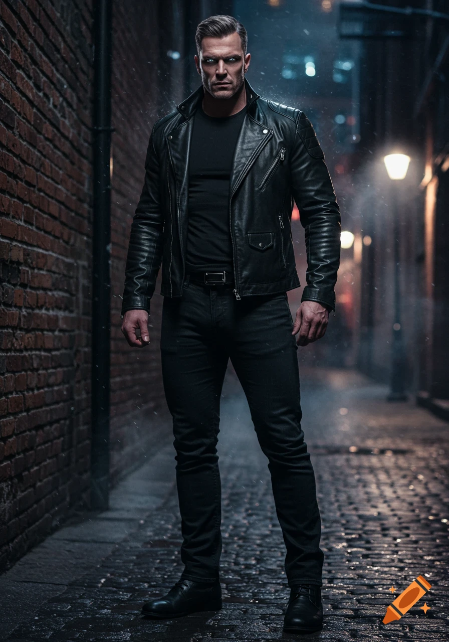 Muscular man in a black leather jacket and black clothes stands in a dark, wet urban alley at night, with glowing eyes.