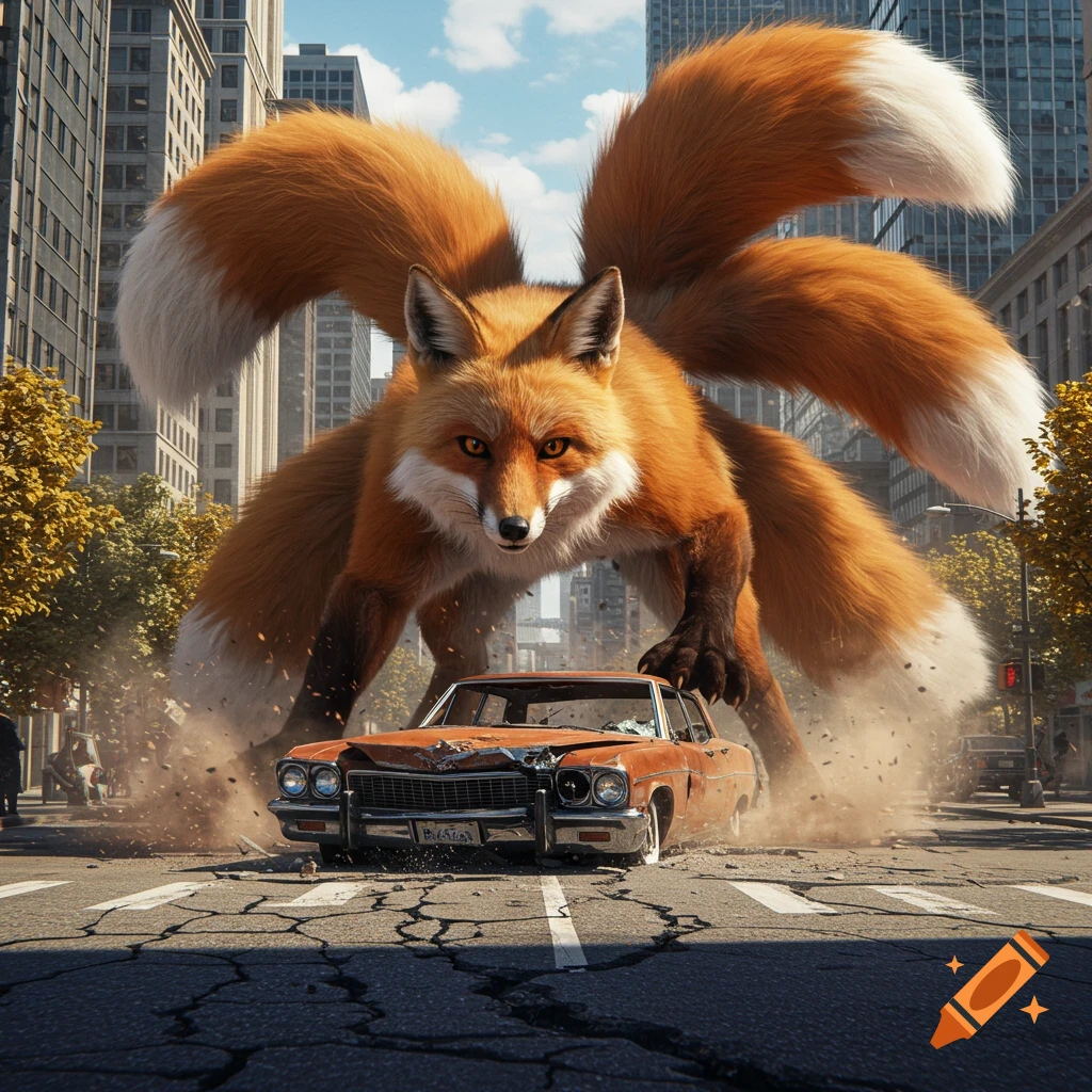 A giant, multi-tailed orange fox stands over a crushed car in a city street, looking forward. The scene is photorealistic.