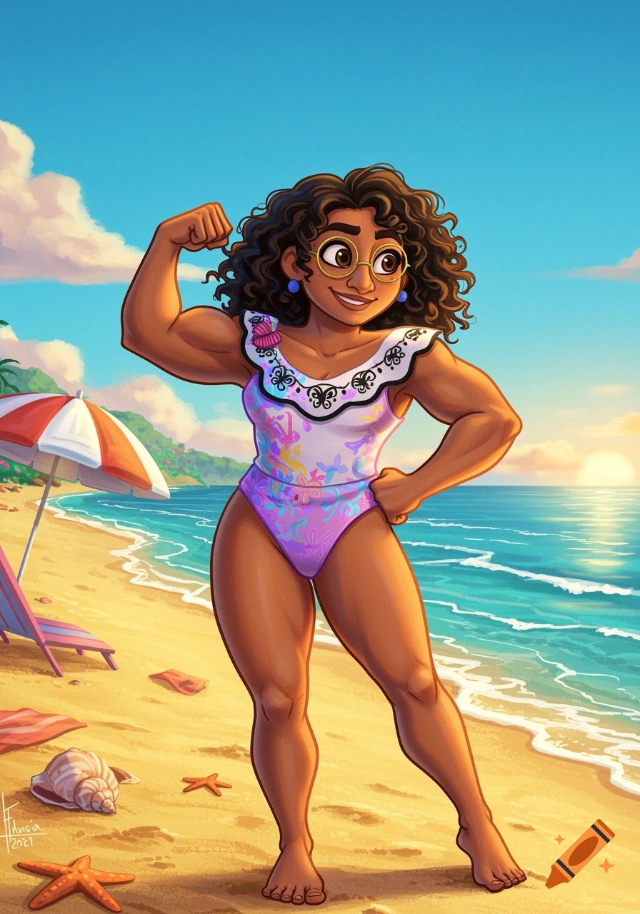Cartoon Mirabel from Encanto flexing muscles in a swimsuit on a sunny beach.