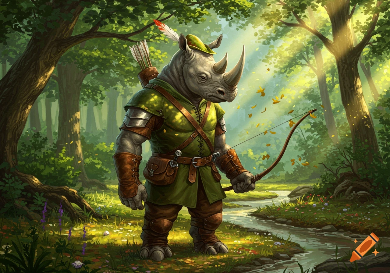A humanoid rhinoceros dressed as Robin Hood stands with a bow and quiver in a sun-dappled magical forest.