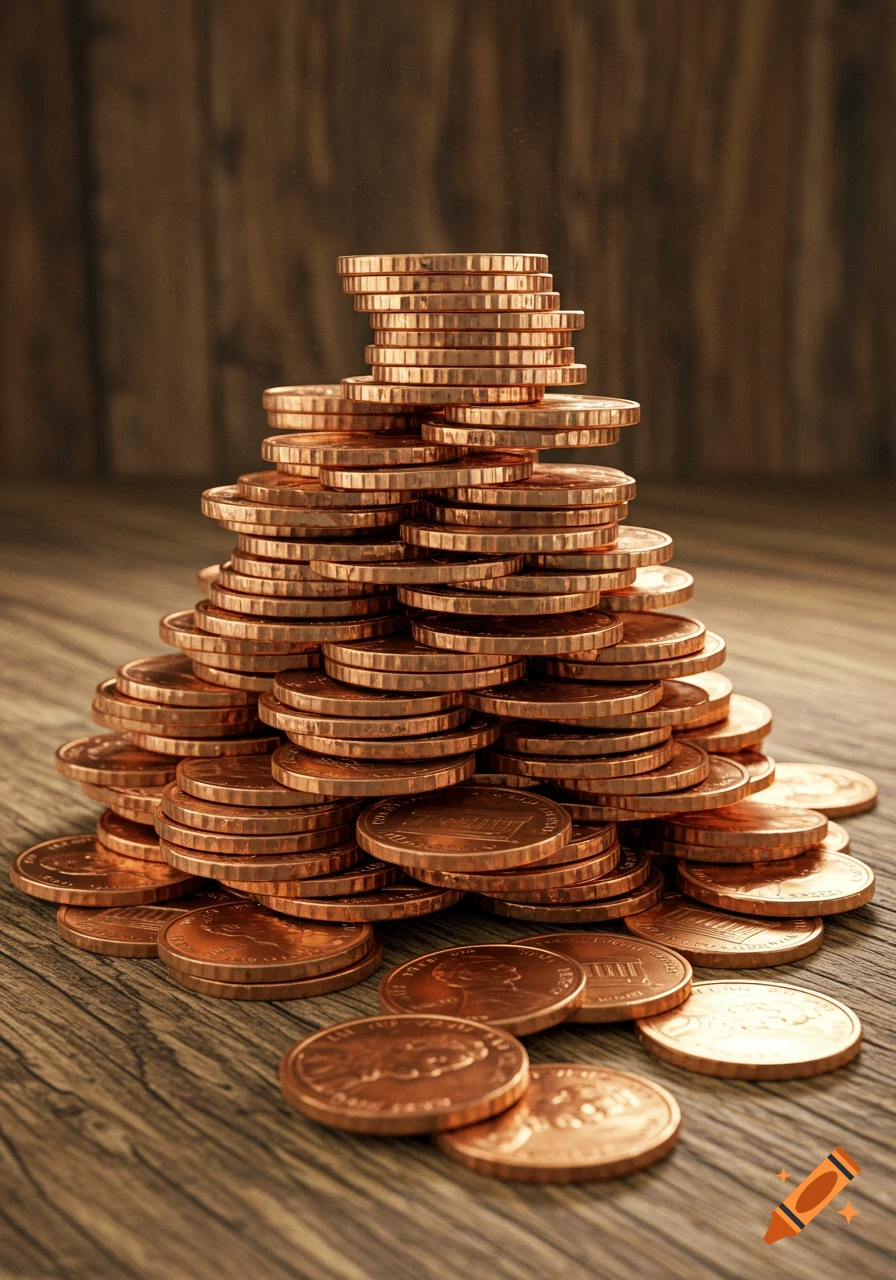 A large, triangular pile of copper pennies stacked on a rustic wooden surface, with some coins scattered at the base.