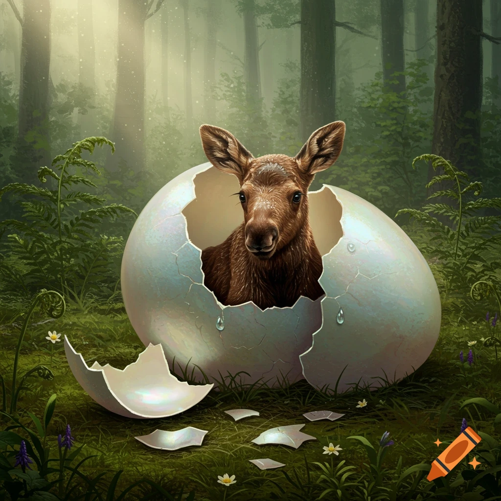 A cute baby moose hatches from a large, glowing egg in a misty forest, with broken shell pieces on the mossy ground.