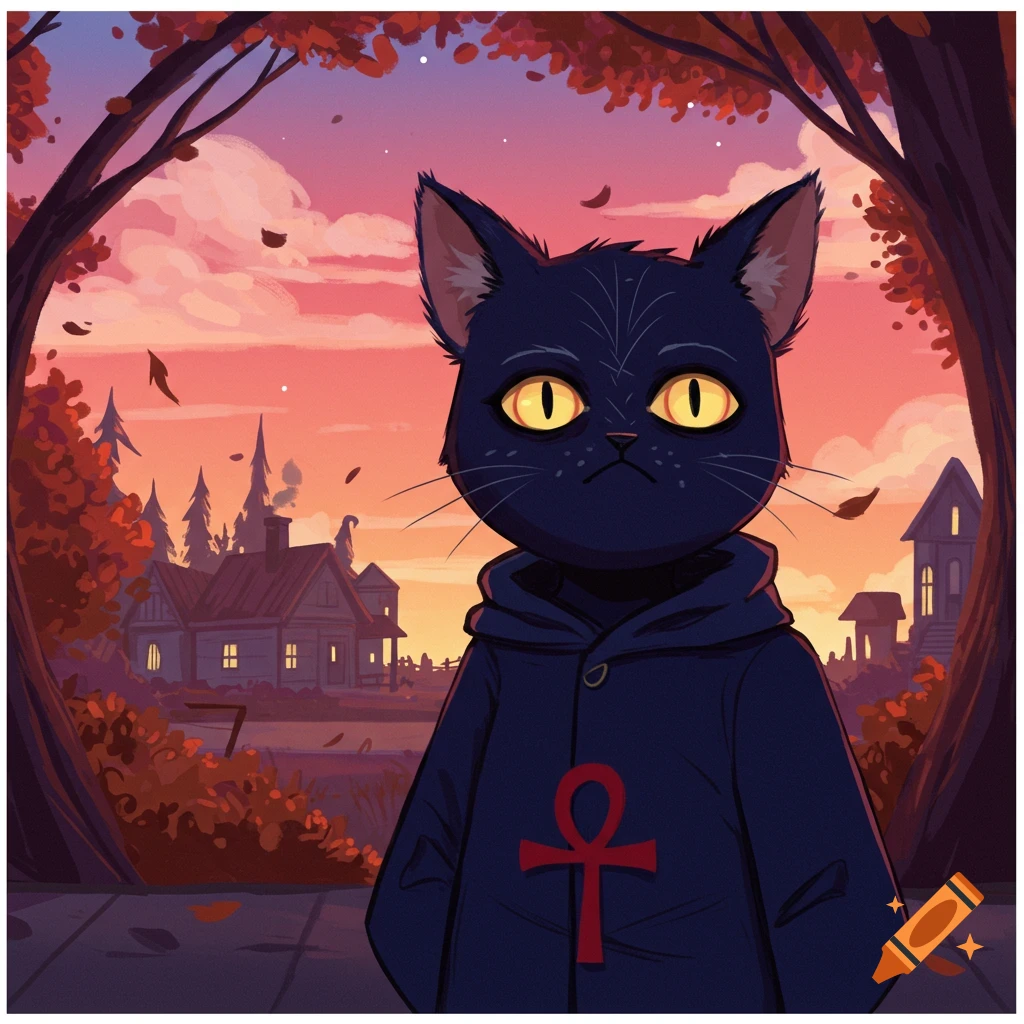 A cartoon black cat in a blue hoodie with a red ankh symbol stands in an autumnal village at sunset.
