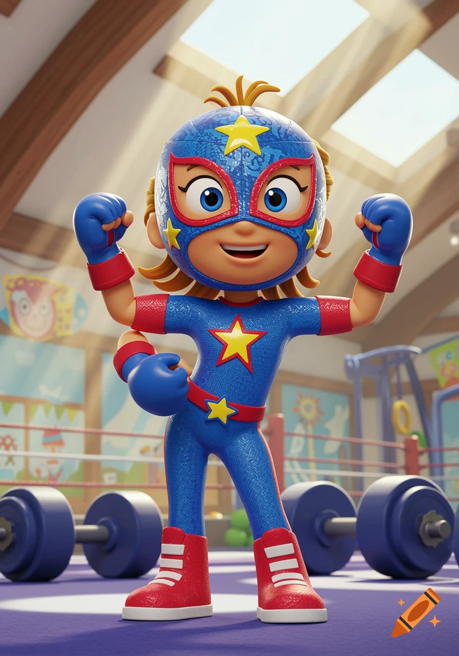 A cute cartoon female masked wrestler in a blue suit with yellow stars, red boots, and blue boxing gloves flexes her arms in a gym.