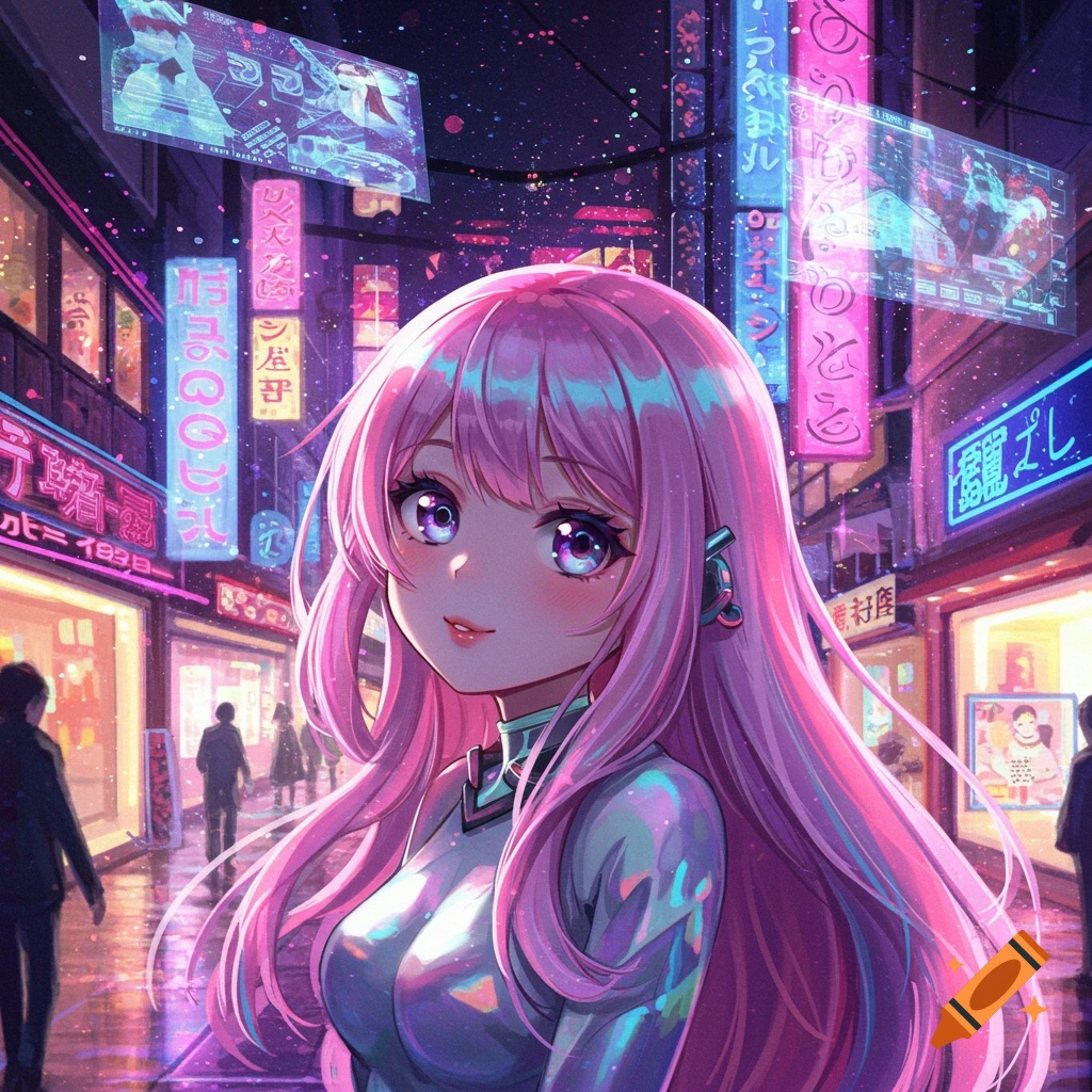 Anime girl with long pink hair and purple eyes smiling in a vibrant, neon-lit cyberpunk city street at night.