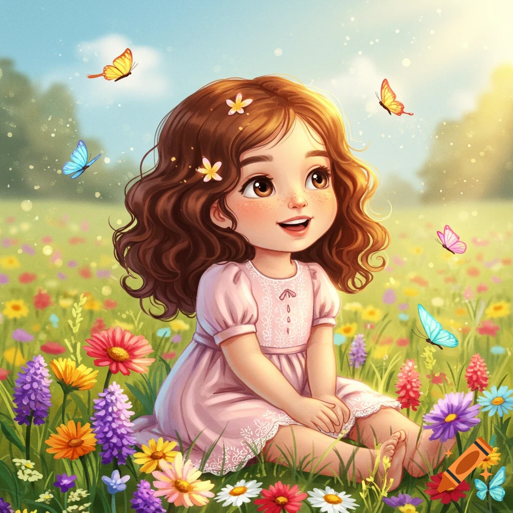 A cheerful, cute cartoon girl with brown curly hair sits among colorful flowers with butterflies flying around her in a sunny field.
