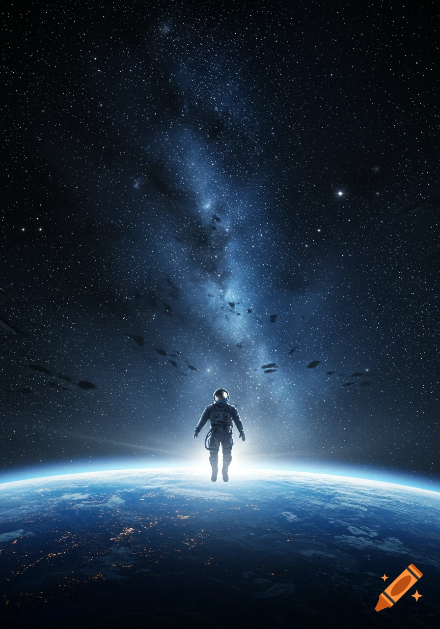 An astronaut floats above Earth, backlit by a bright glow, against a vast, star-filled galaxy and deep space.