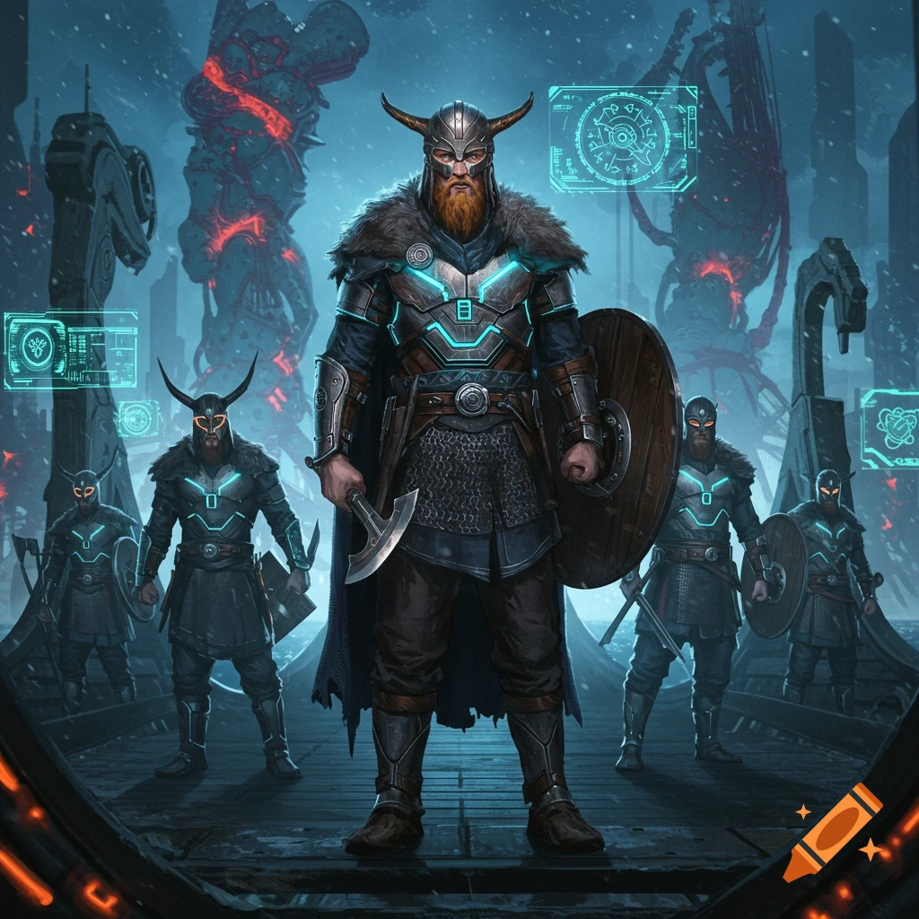 Armored sci-fi vikings with glowing blue accents in a snowy, futuristic landscape with holographic displays.