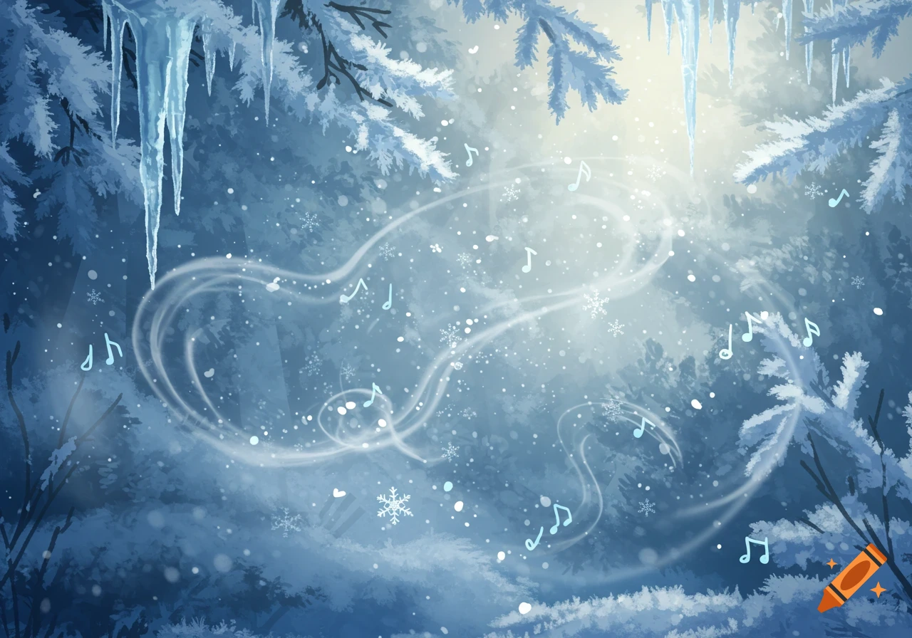 A serene winter forest scene with frosted trees, icicles, falling snow, and floating musical notes in a soft blue light.