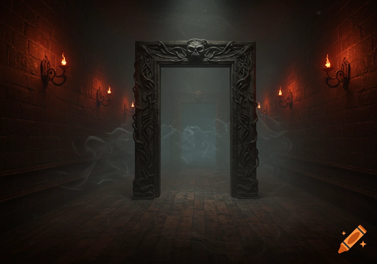 Dark, eerie hallway with a skull-decorated doorframe, flickering sconces, and smoke, in a horror-fantasy style.