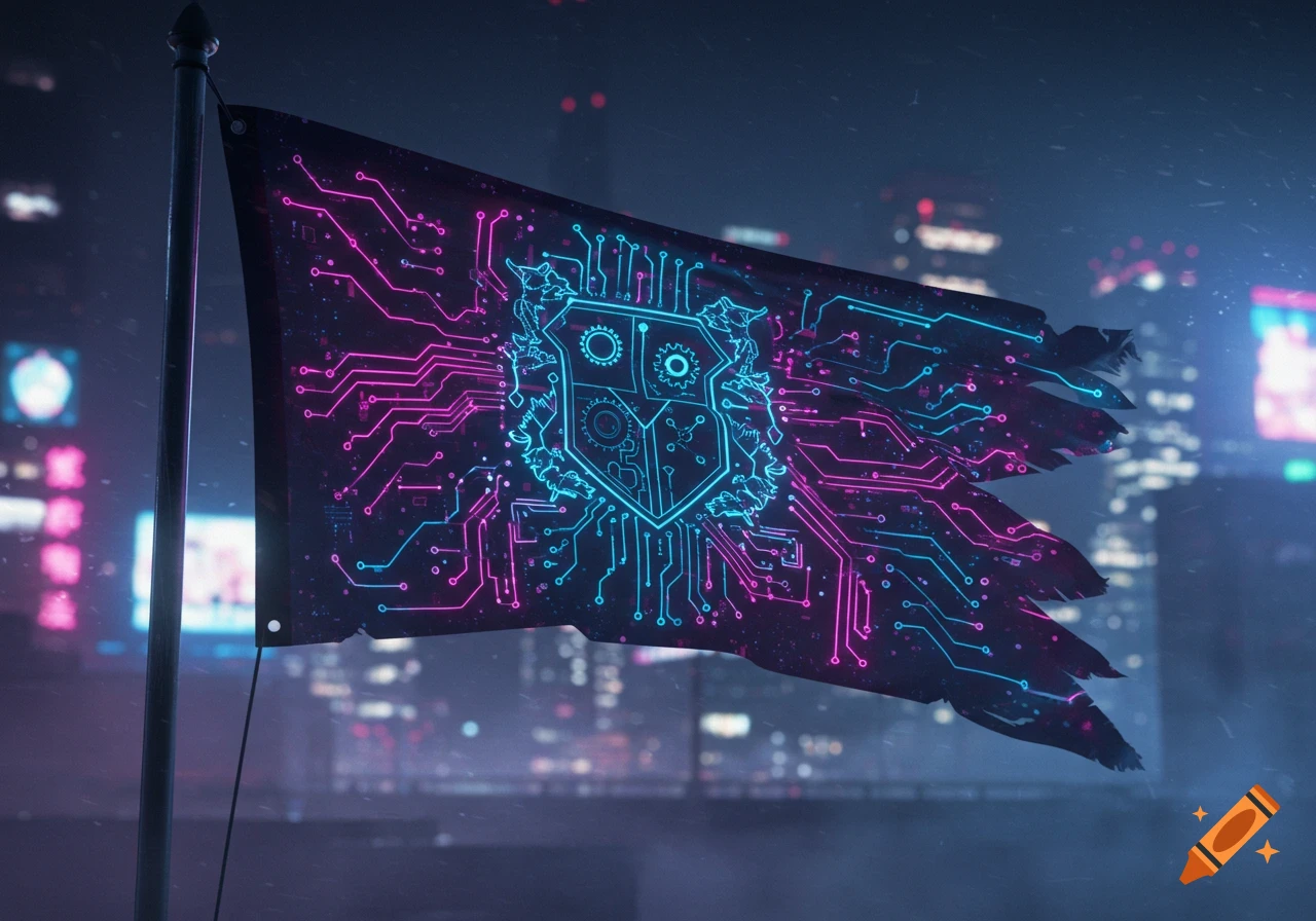 A tattered cyberpunk flag featuring neon pink and blue circuit board patterns and a central shield emblem, against a blurry city nightscape.