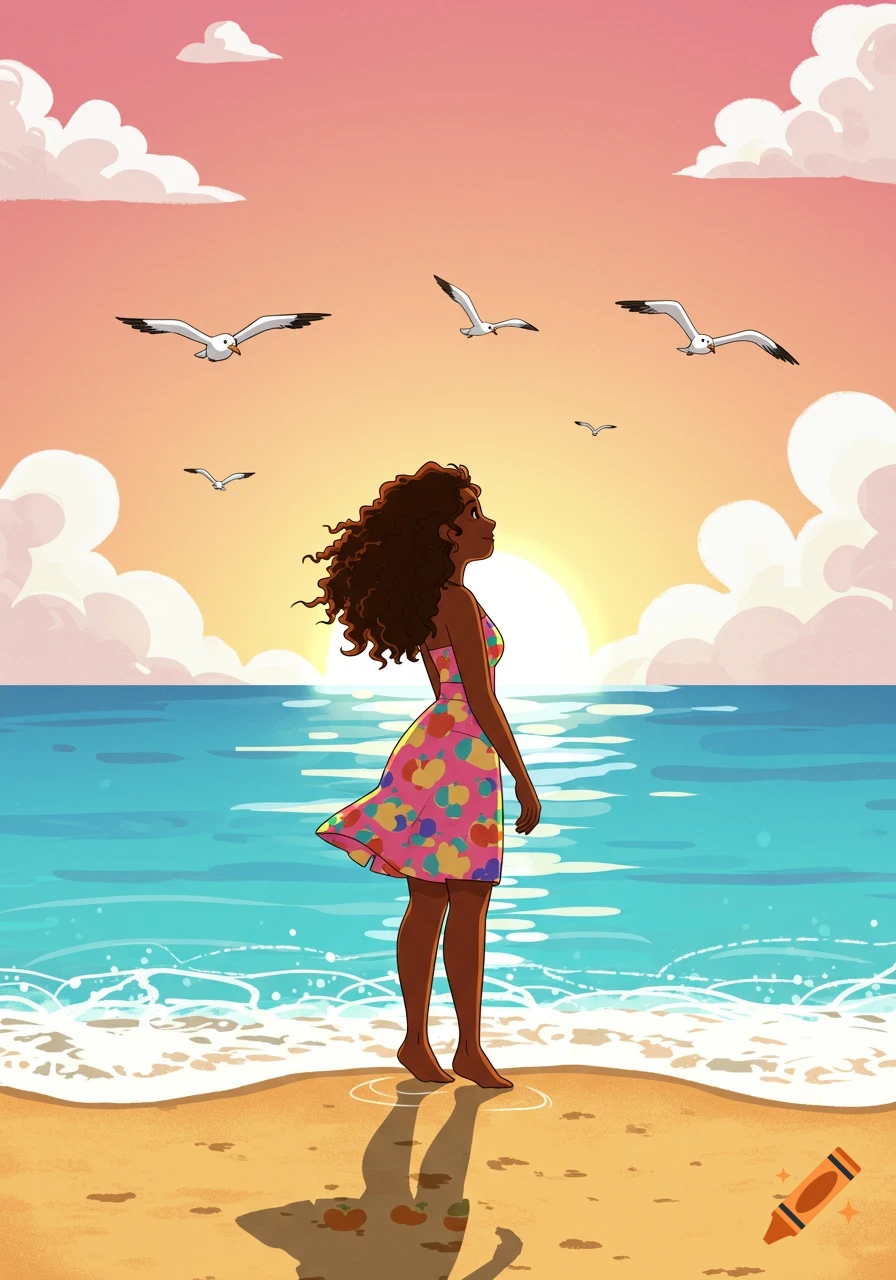 A cartoon of a brown-skinned woman with curly hair, in a colorful dress, standing on a sandy beach looking at the sunset over the calm blue sea. Several seagulls fly in the orange sky.