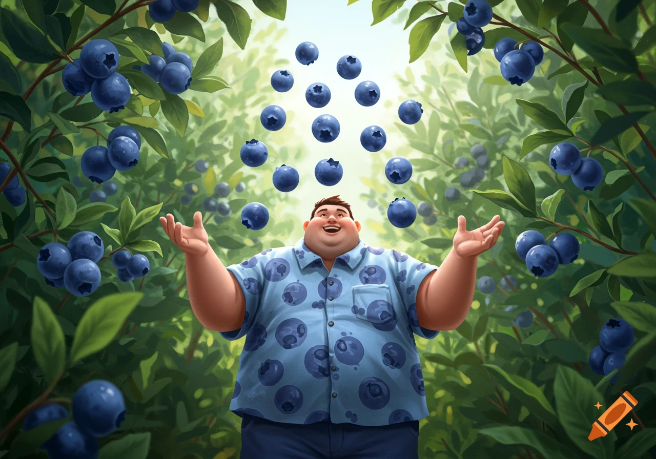 An illustration of a happy, plump man with open arms in a blueberry field, looking up as blueberries fall around him.