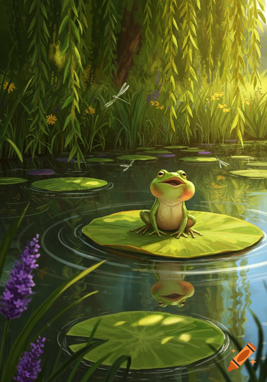 A happy green frog with puffed cheeks sits on a lily pad in a sunlit pond surrounded by willow branches, dragonflies, and purple flowers. Illustration style.