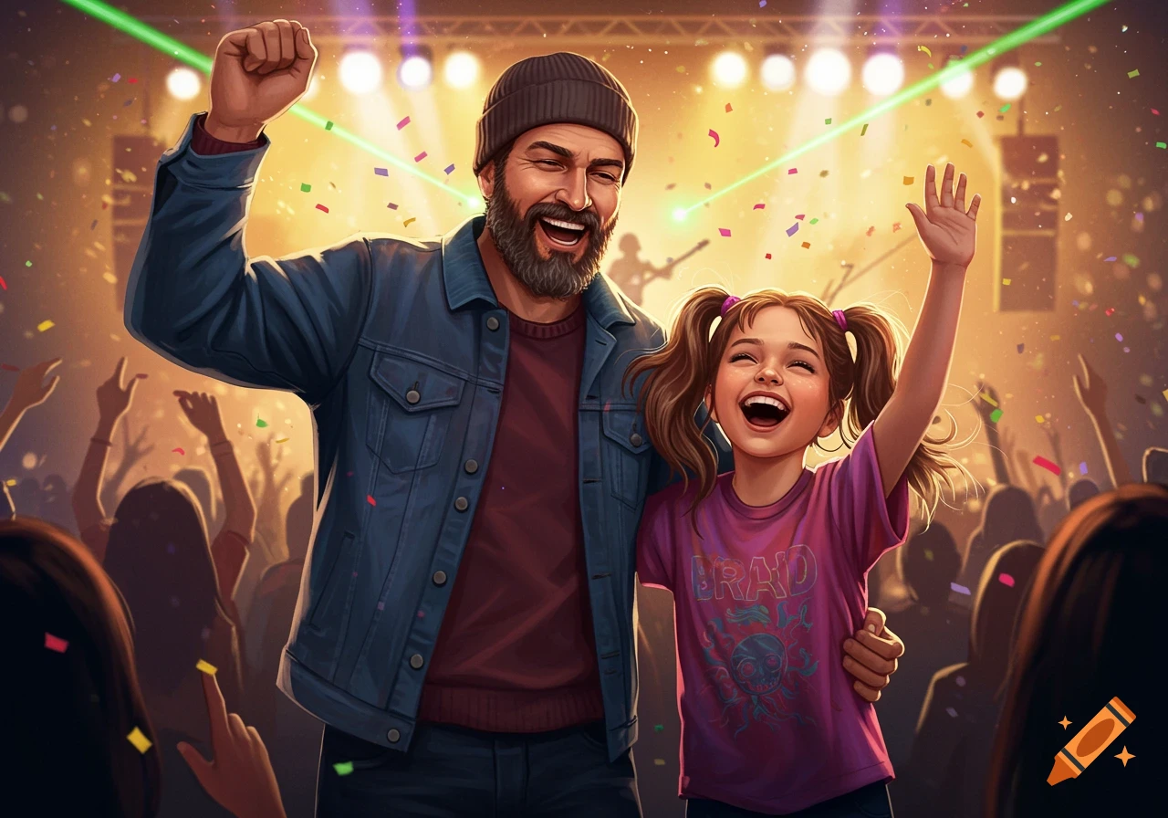 A father and daughter joyfully raising their hands at a vibrant concert with confetti, rendered in a digital art style.