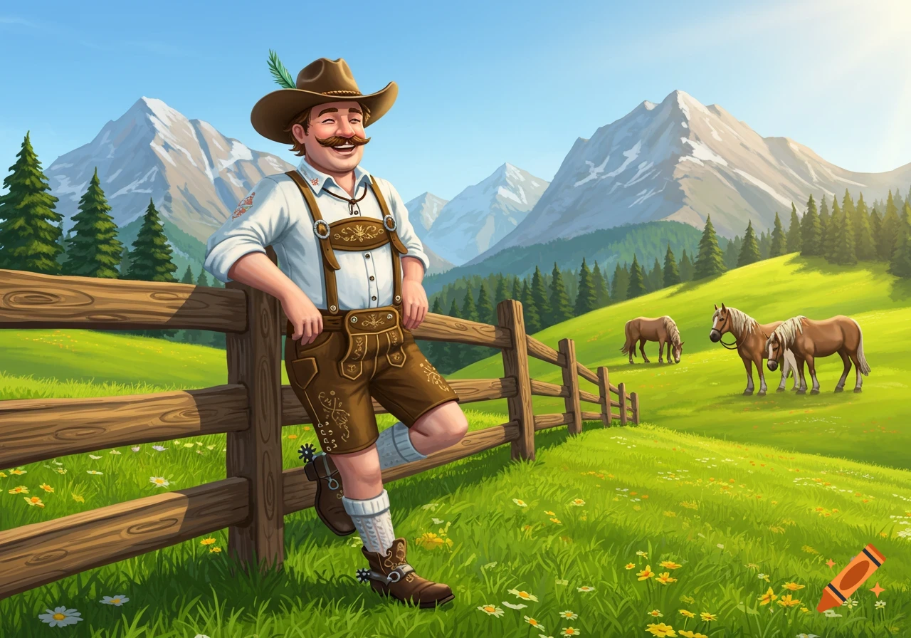 Cartoon illustration of a smiling Austrian man in lederhosen, leaning on a fence in a green mountain pasture with horses.
