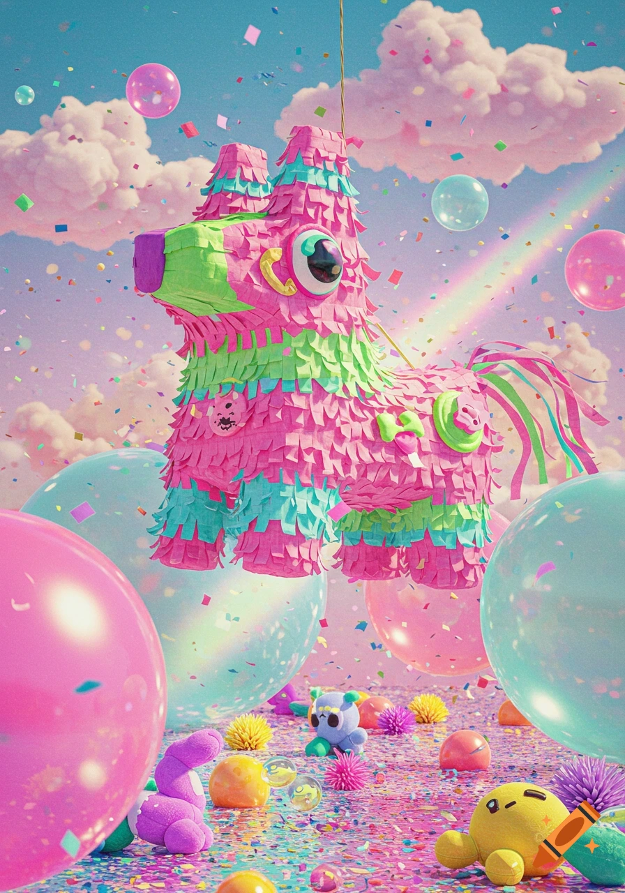 A vibrant pink and green piñata floats in a pastel sky with a rainbow, confetti, balloons, and cute toys on the ground.