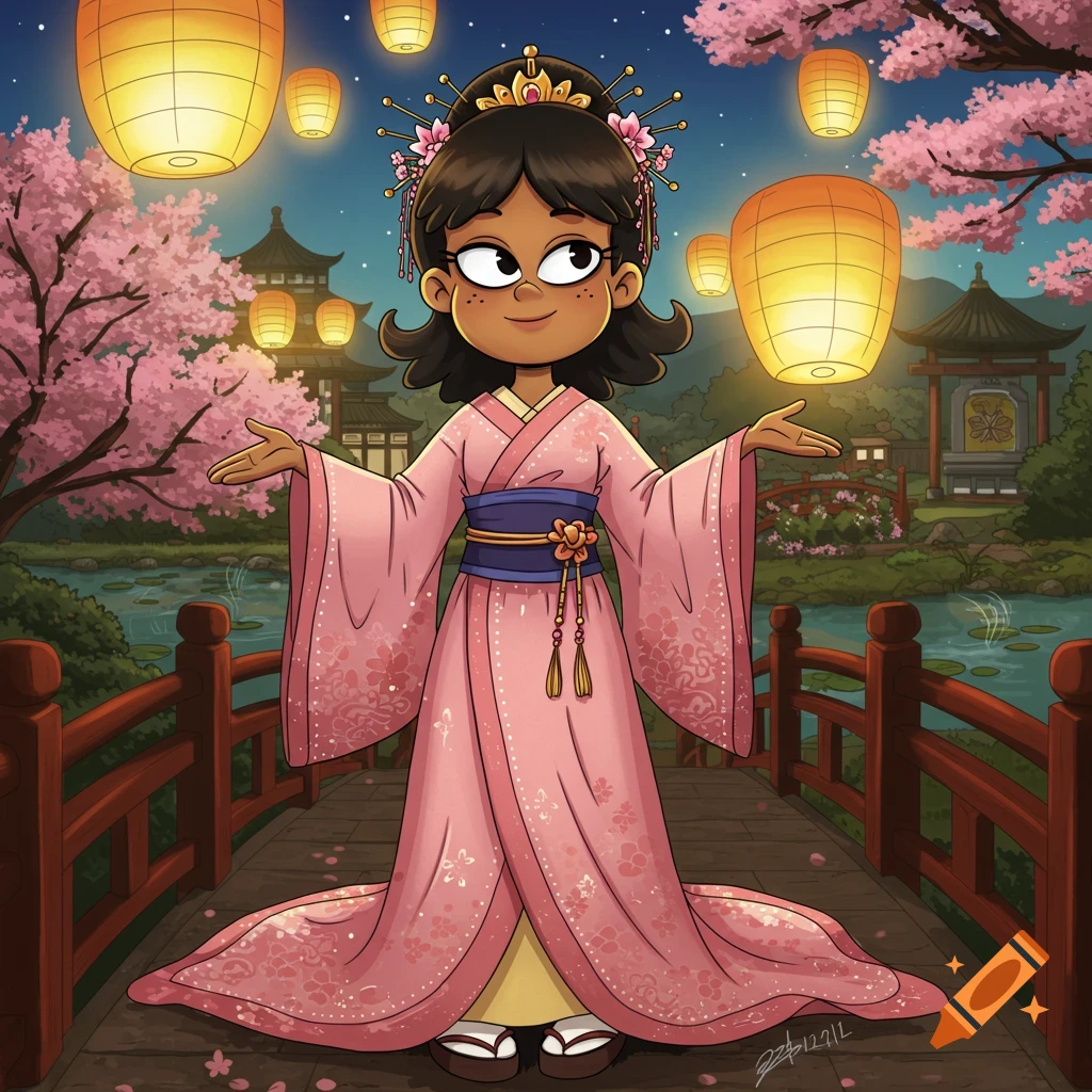 A cartoon girl with dark hair in a pink traditional dress stands on a wooden bridge at night. Floating lanterns and cherry blossoms surround her with Asian architecture in the background.