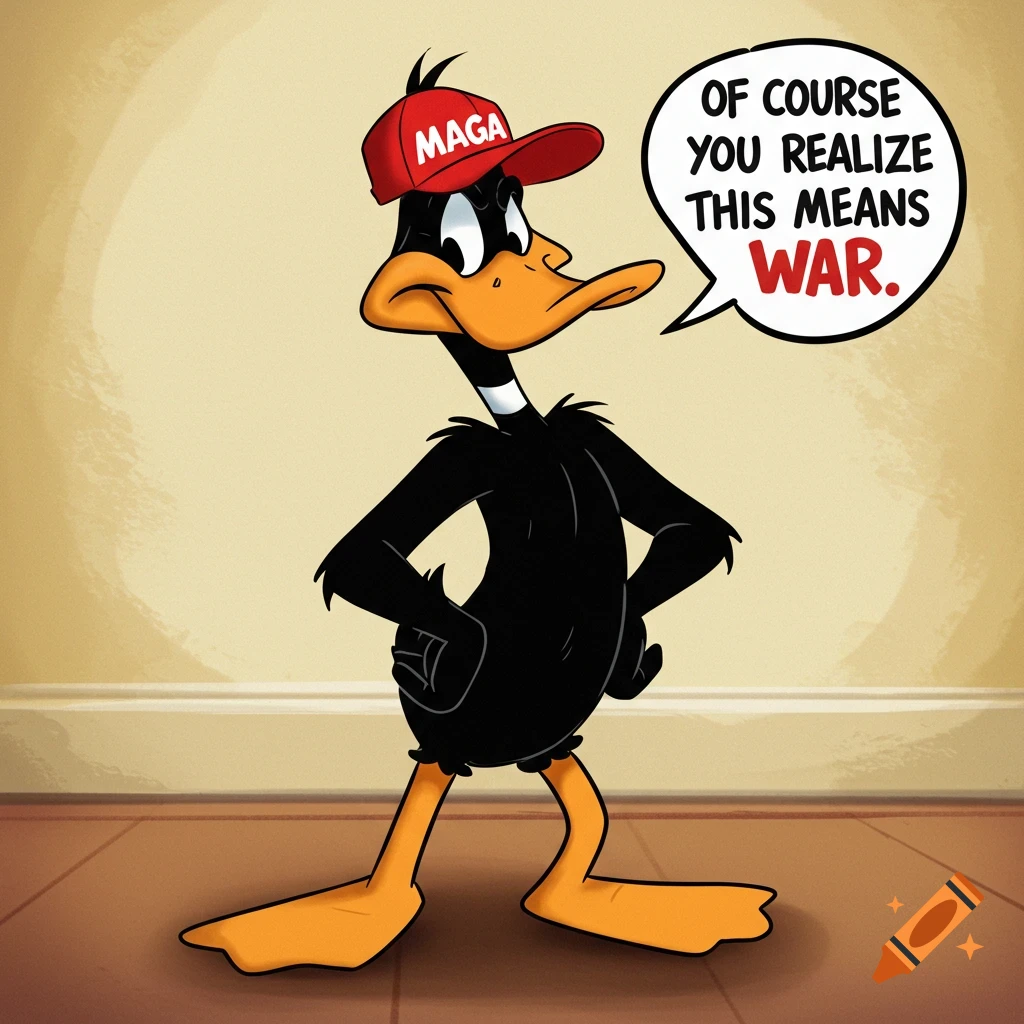 Cartoon Daffy Duck in a red MAGA hat with a speech bubble saying 'OF COURSE YOU REALIZE THIS MEANS WAR.'