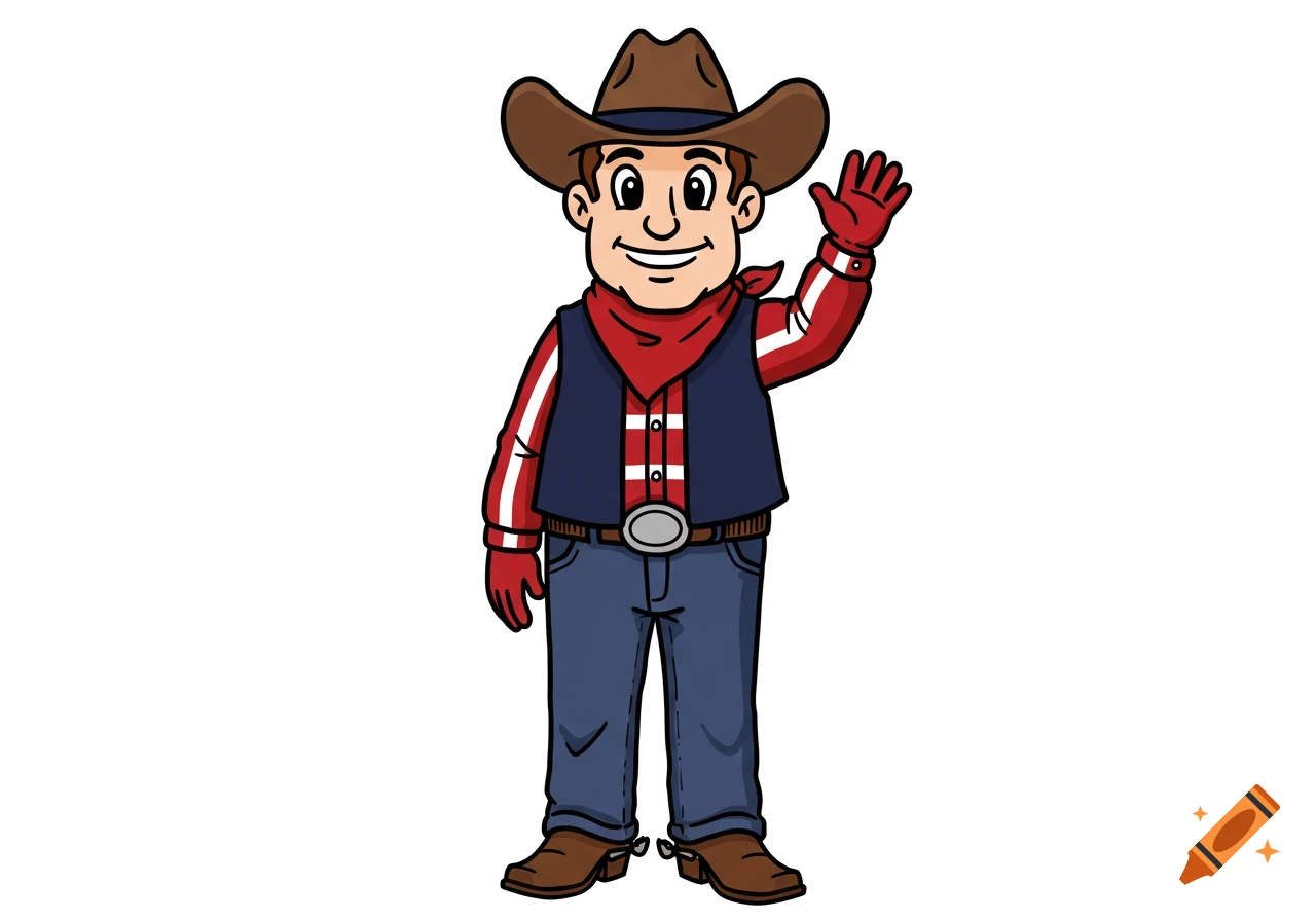A full-body cartoon cowboy mascot, wearing a brown hat, red and white striped shirt, blue vest, jeans, and brown boots, waves hello.