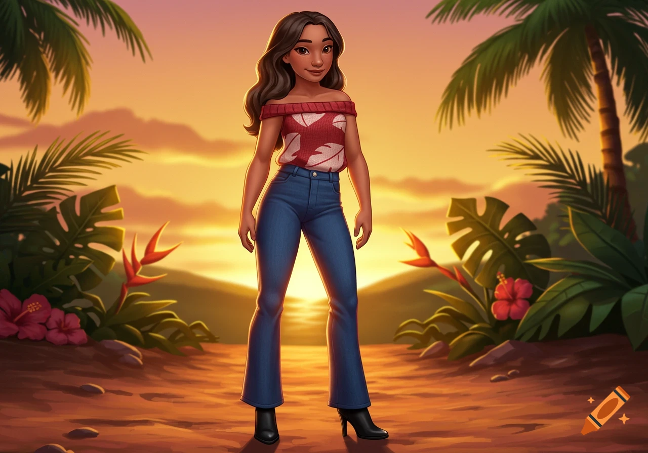 A cartoon teenage girl with dark hair, wearing a red off-shoulder top, blue flare jeans, and black boots, on a tropical path at sunset.