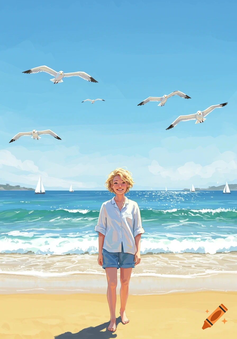 A smiling young woman with curly blonde hair stands barefoot on a sunny beach, with seagulls flying and sailboats in the blue ocean. Illustration.