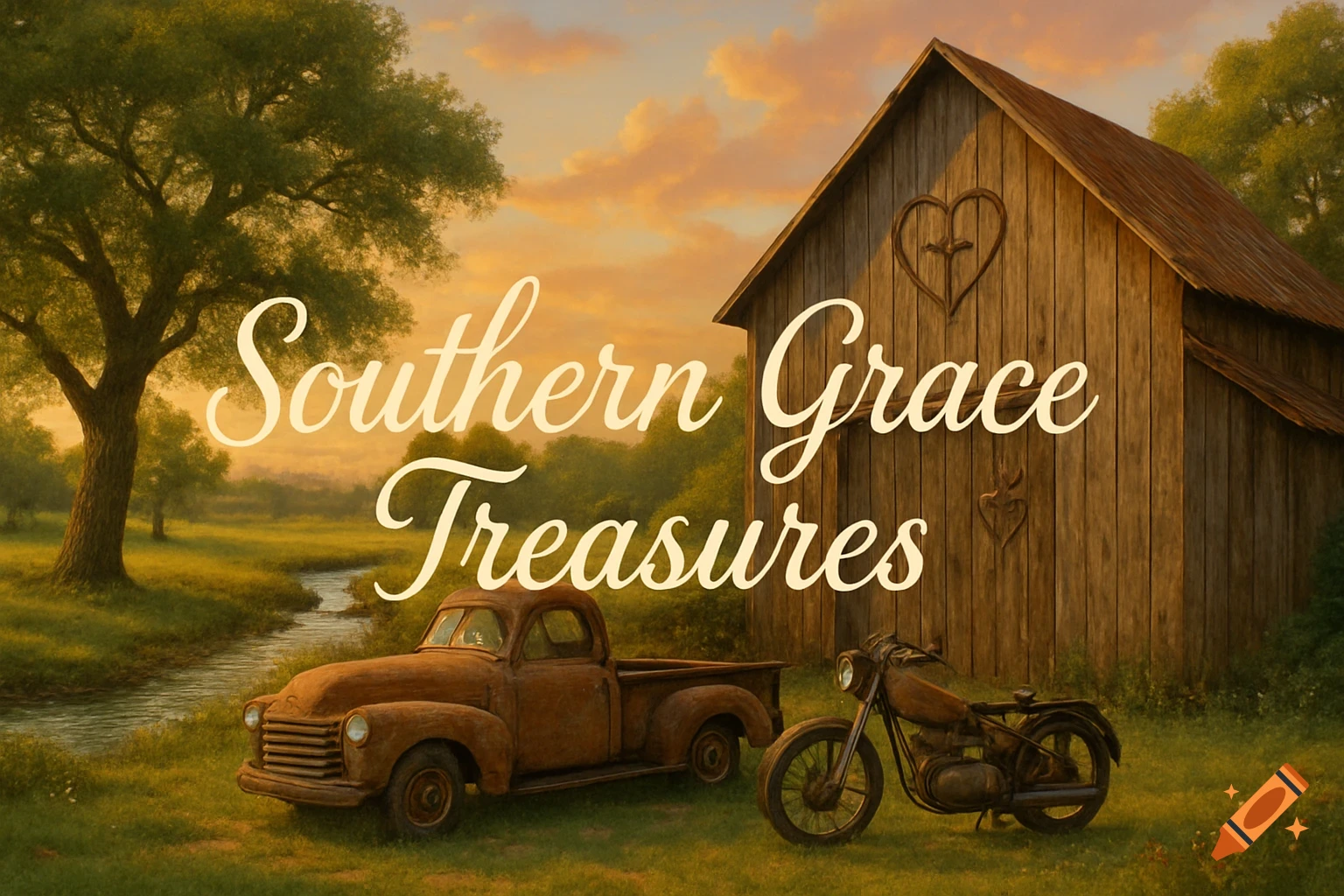 Rustic southern sunset landscape with barn, old truck, motorcycle, creek, and 'Southern Grace Treasures' text.