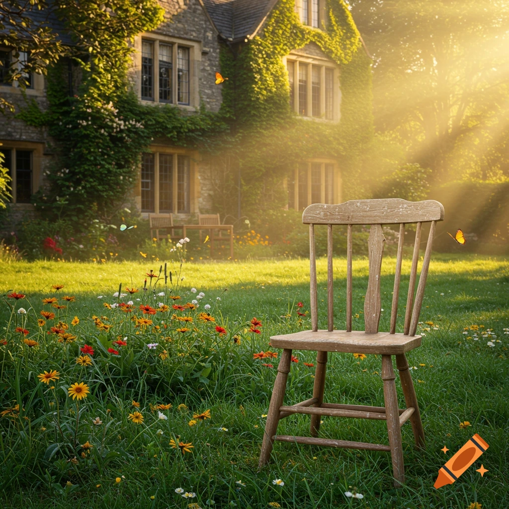 A rustic wooden chair sits in a sunlit wildflower garden with an ivy-covered stone house in the background. Photorealistic.