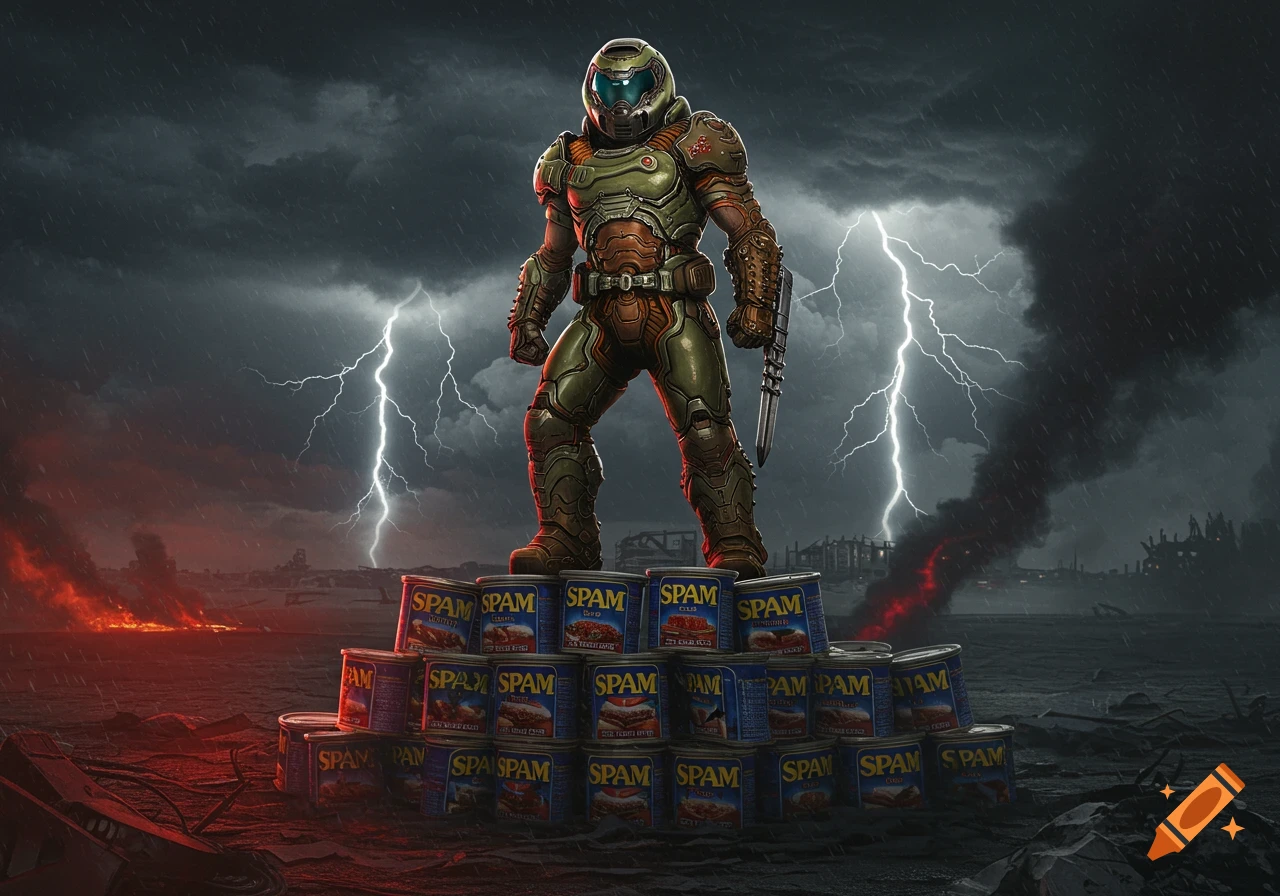 The Doom Slayer stands on a pile of Spam cans in a stormy, lightning-filled apocalyptic landscape with fires burning.