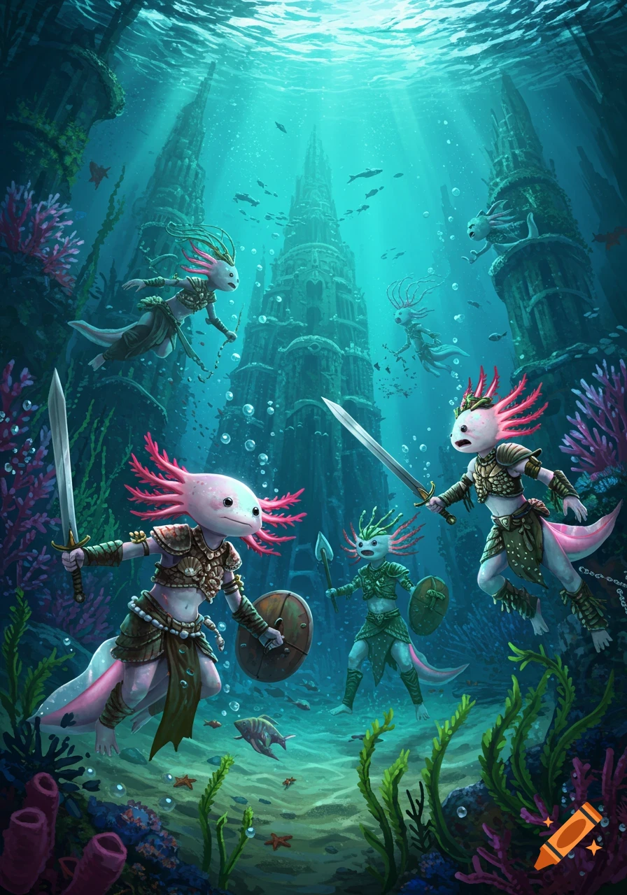 Axolotl warriors in detailed armor battle underwater amidst ancient ruins and colorful coral, with light rays filtering from above. Fantasy art.