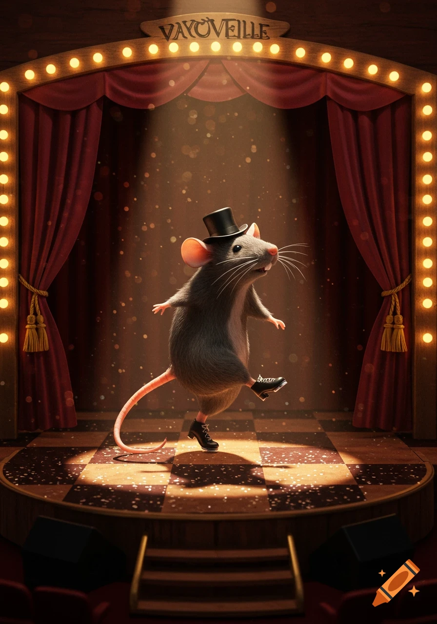 A cute, anthropomorphic rat in a top hat and tap shoes performs on a spotlighted theater stage with red curtains.
