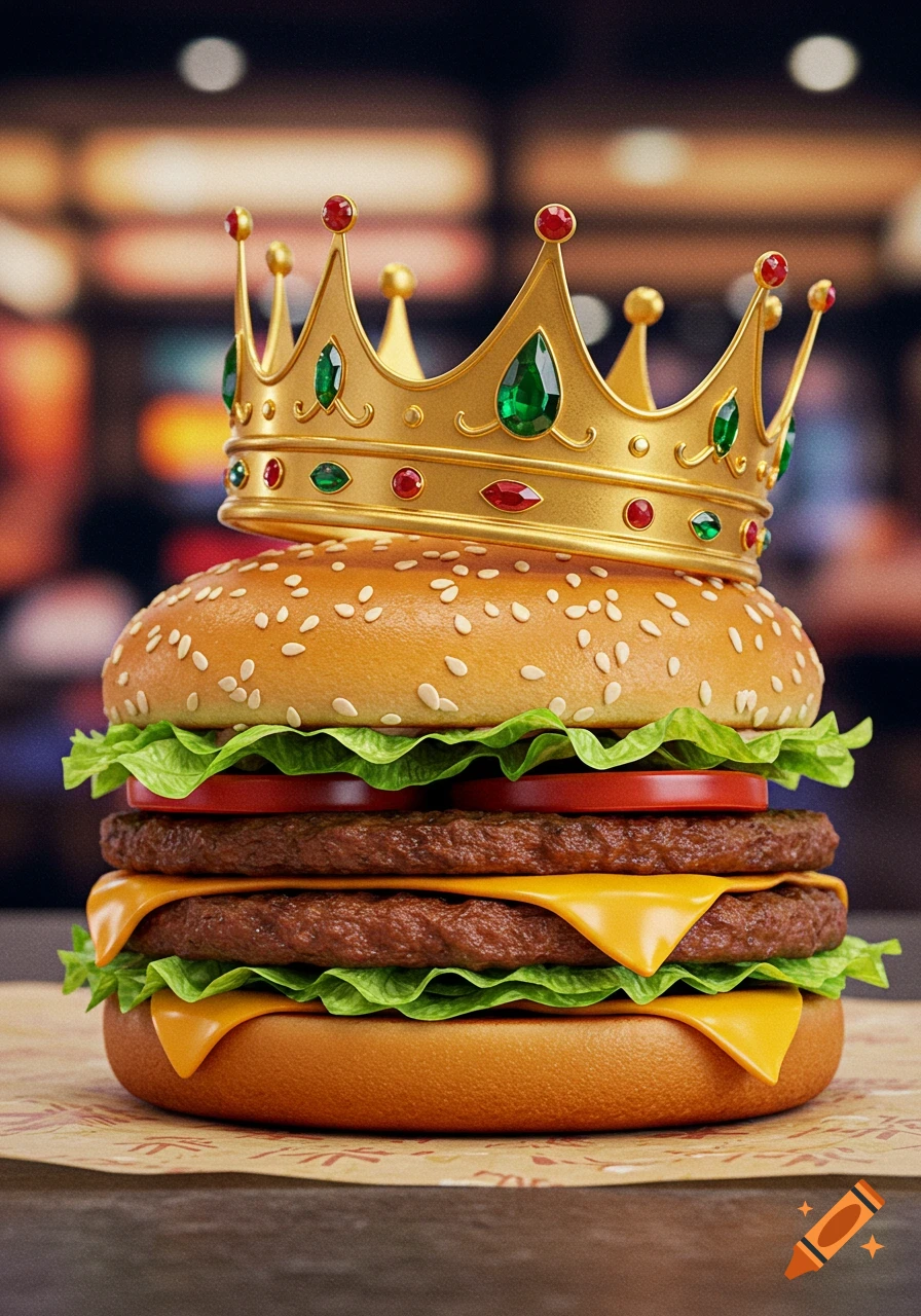 Photorealistic double cheeseburger with lettuce, tomato, and cheese, topped with a golden jeweled crown.