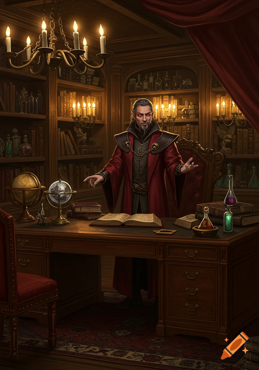 A mysterious thaumaturge with red eyes stands in a dimly lit, ornate study filled with bookshelves, globes, and mystical vials.