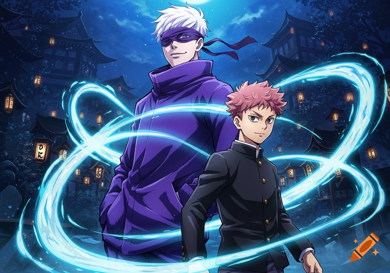 Anime characters Gojo and Yuji from Jujutsu Kaisen stand before traditional Japanese buildings at night with blue energy swirls.