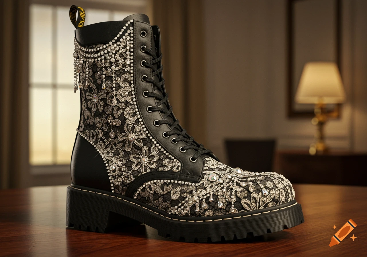 A black military-style boot lavishly decorated with silver lace patterns and sparkling rhinestones, sitting on a wooden table.