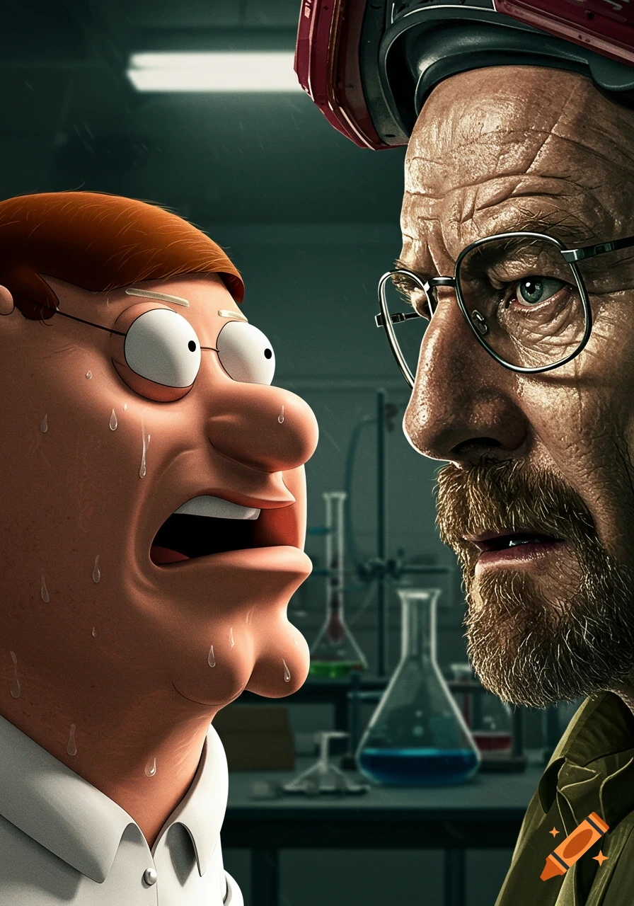 Hyperrealistic Peter Griffin, sweating and scared, faces an intense Walter White in a dark laboratory.