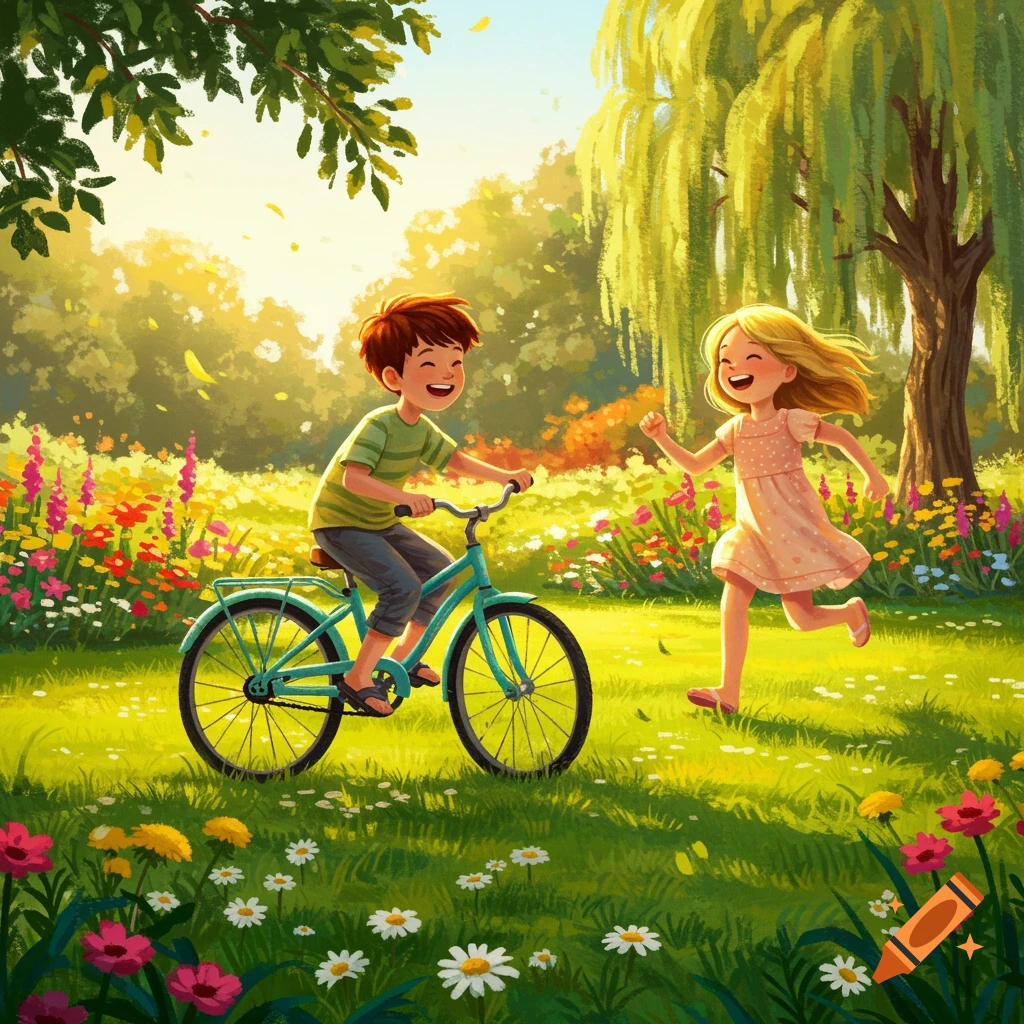 A vibrant illustration of a smiling boy riding a blue bicycle and a girl running next to him in a sunny, flower-filled meadow.