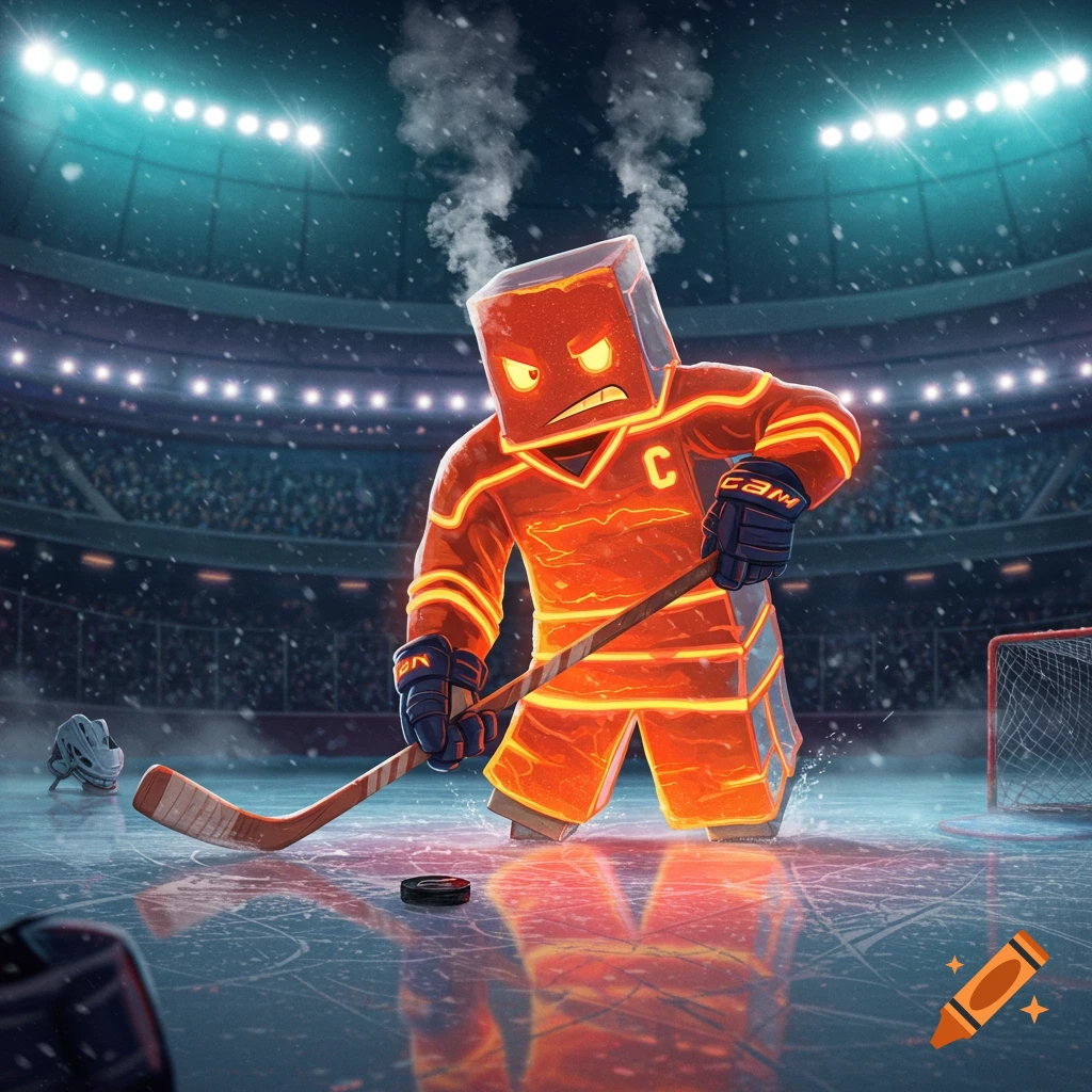 An angry, glowing orange cube character with a 'C' on its jersey plays hockey on an ice rink in a stadium with snow falling. Digital art.