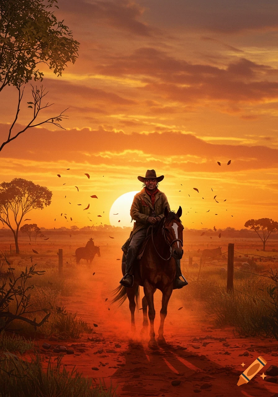 An illustrated bushranger on horseback rides a dusty trail at a dramatic sunset, with another rider in the background.