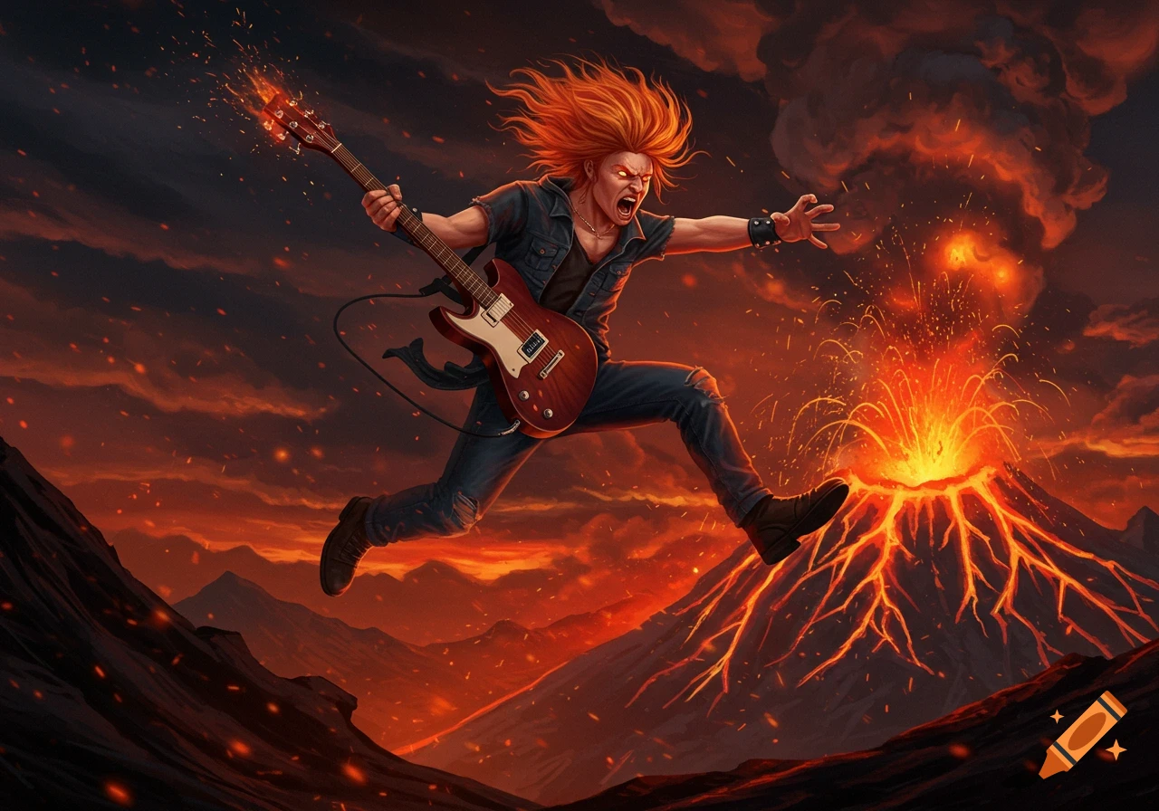 Energetic ginger rock musician jumps with electric guitar against an erupting volcano and fiery sky.