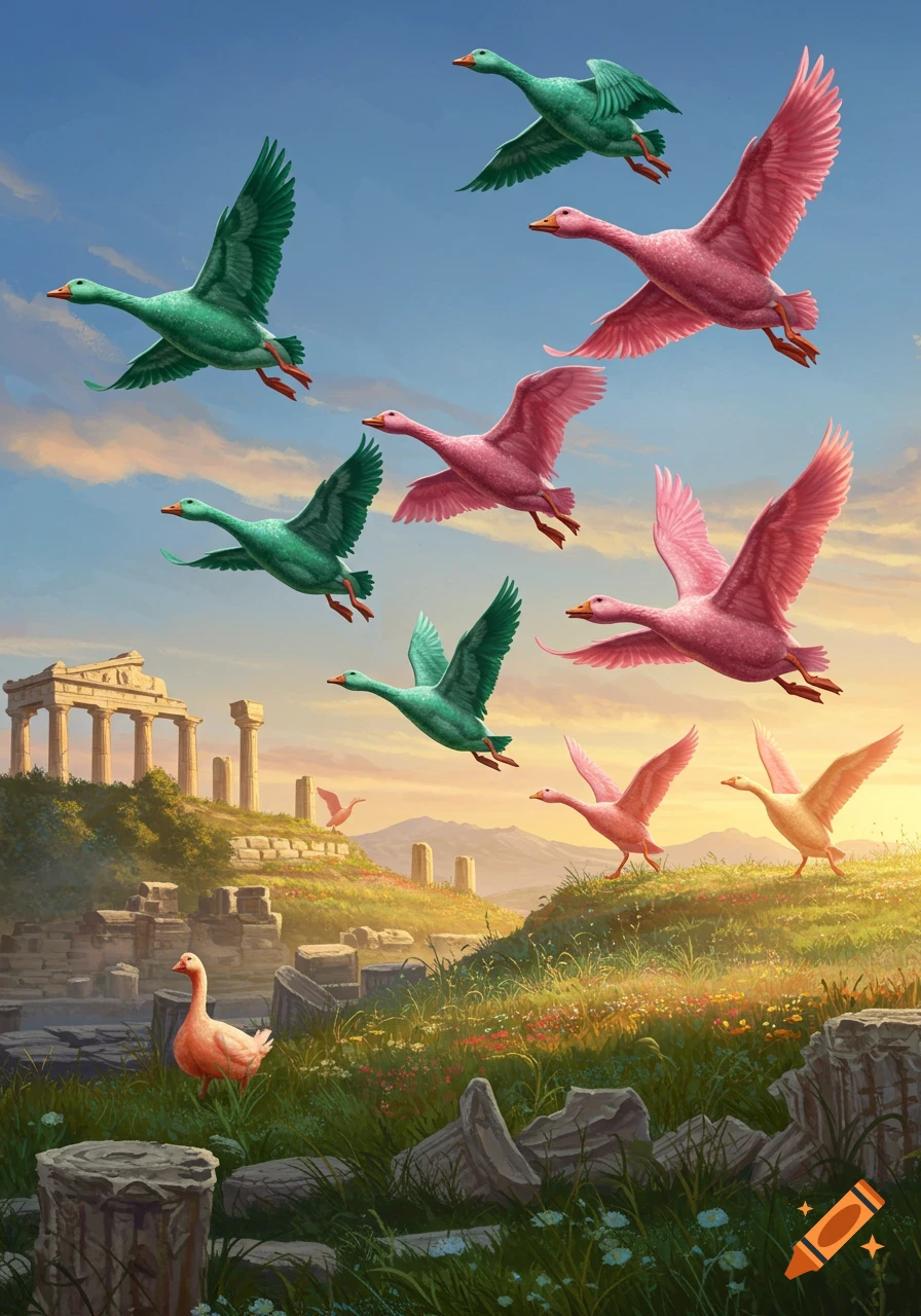 Vibrant pink and green geese fly over ancient Greek ruins on a sunny, grassy hillside, with more geese on the ground.
