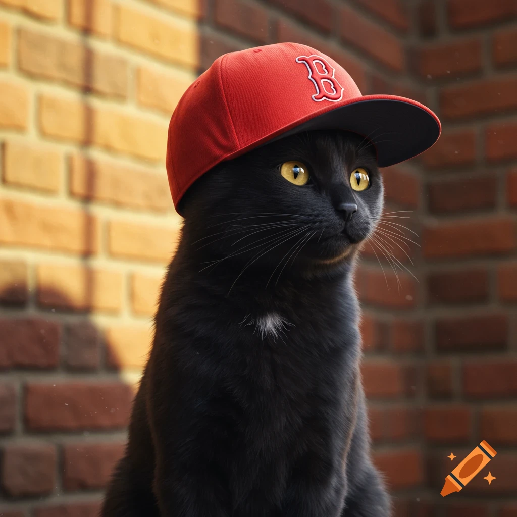 A black cat with yellow eyes wears a red baseball cap with a garbled logo against a brick wall background.