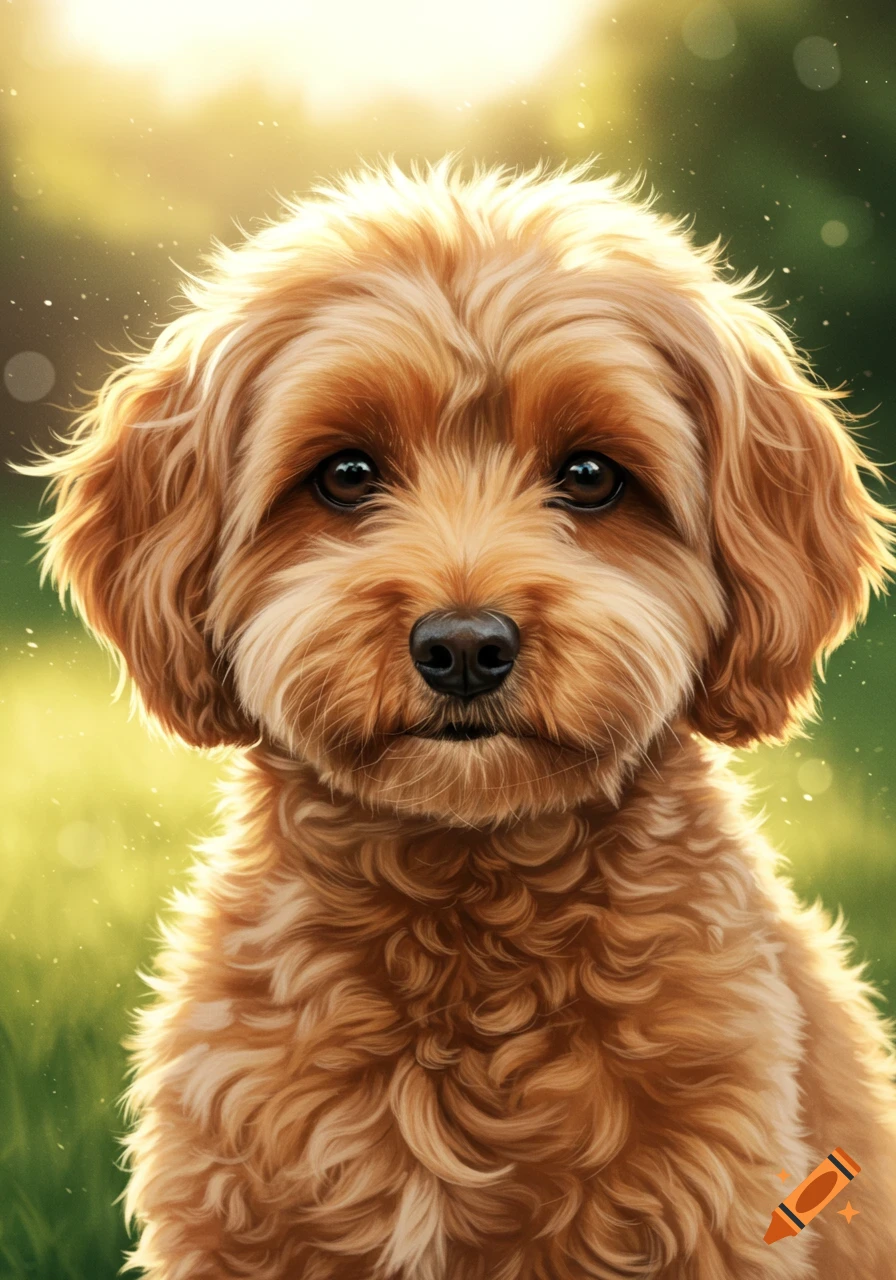 Realistic portrait of a light brown cockapoo dog with bright eyes against a sunlit green background.