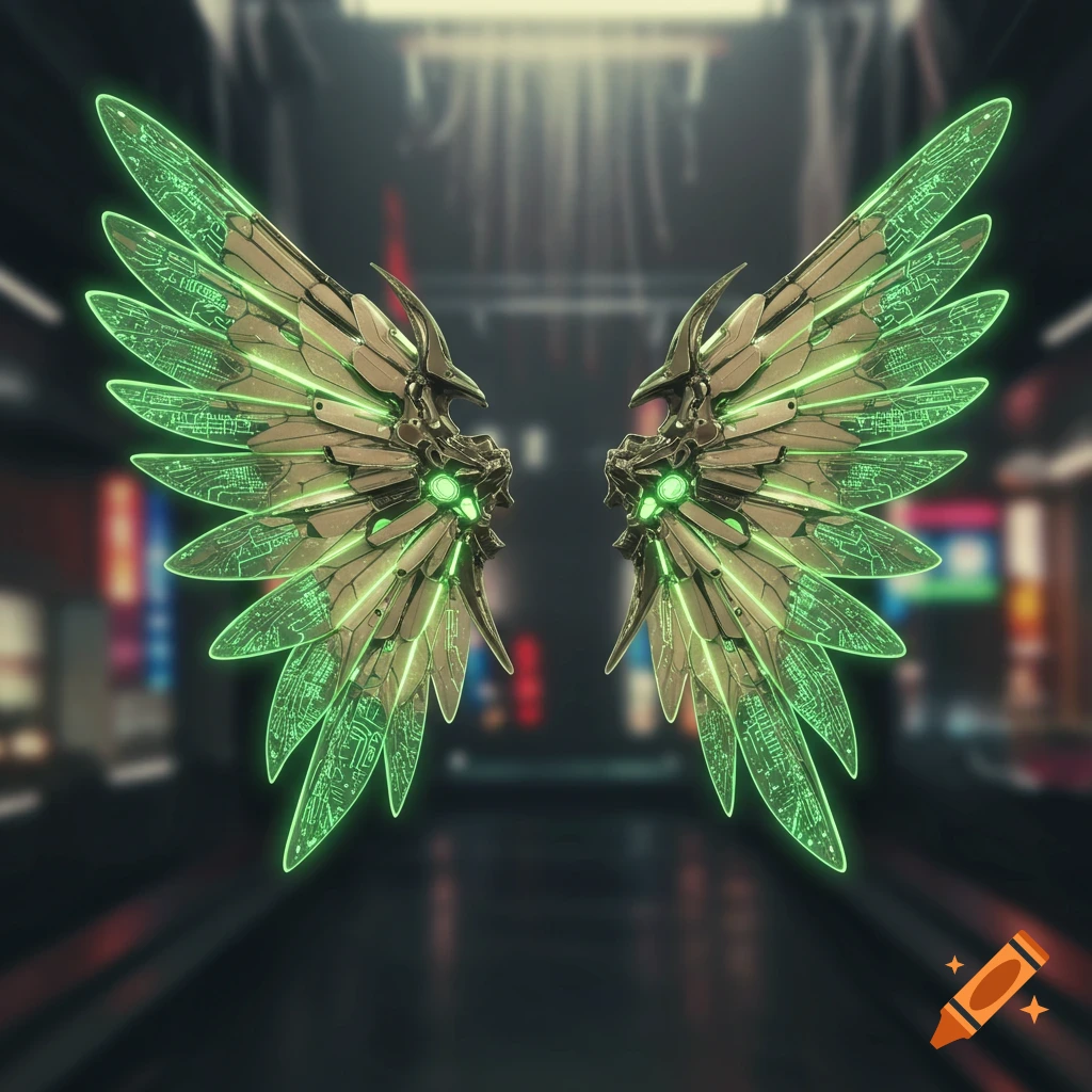 Two translucent neon green and beige metallic archon-style wings with circuit patterns, glowing in a blurred futuristic setting.