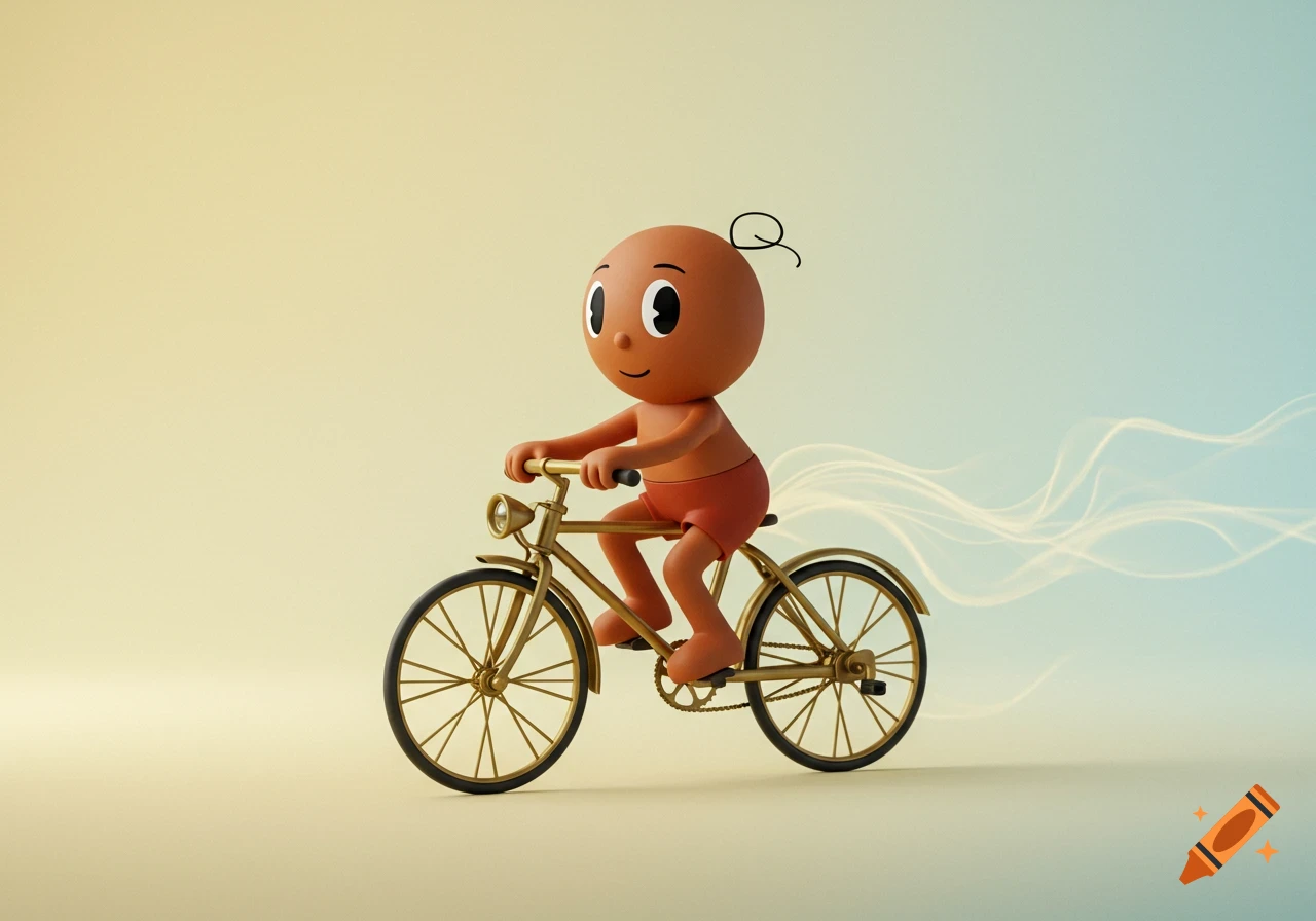 Stylized cartoon character with brown skin and simplistic limbs rides a gold antique bicycle against a soft gradient background.