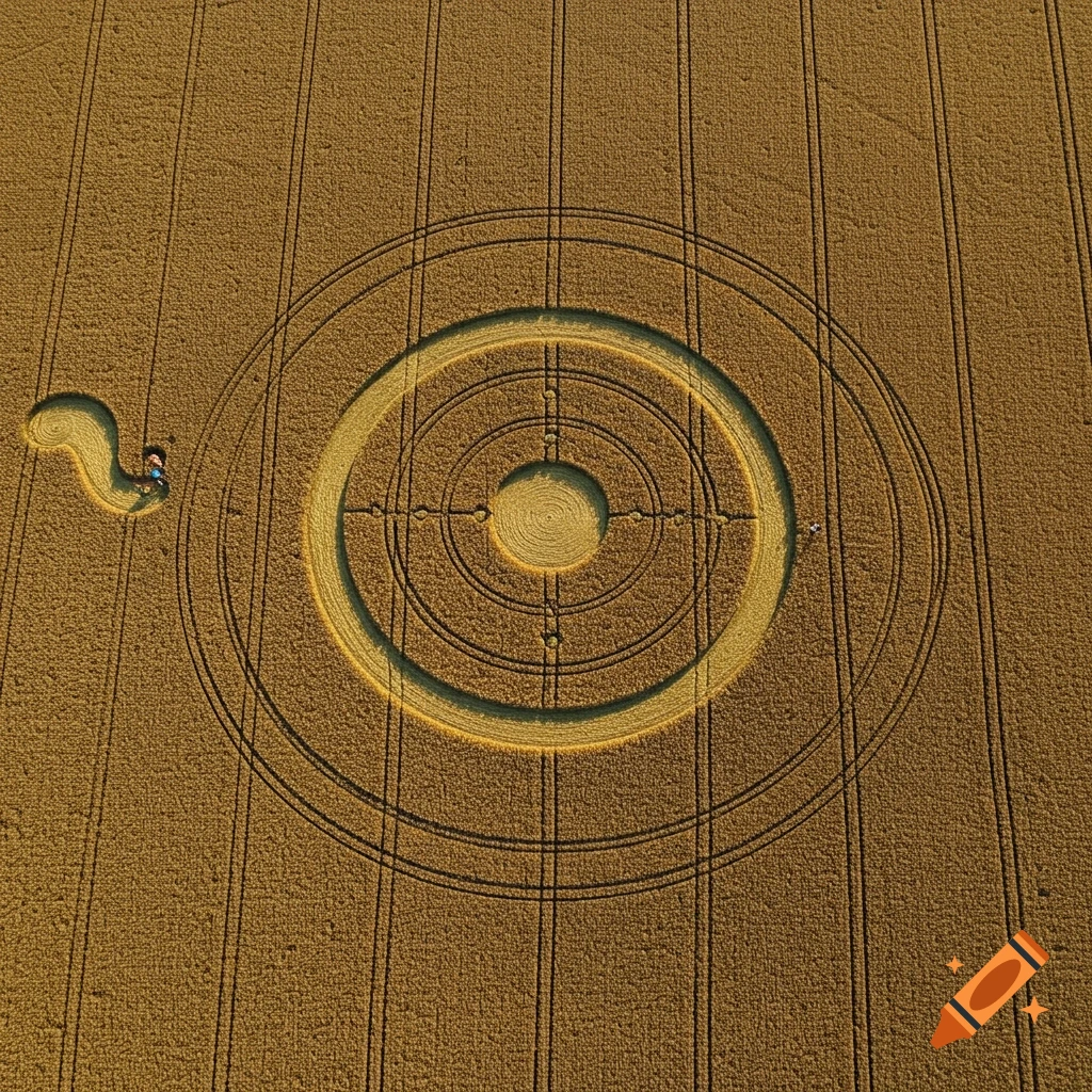 Aerial view of a complex target-shaped crop circle with concentric rings and crosshairs in a golden field.