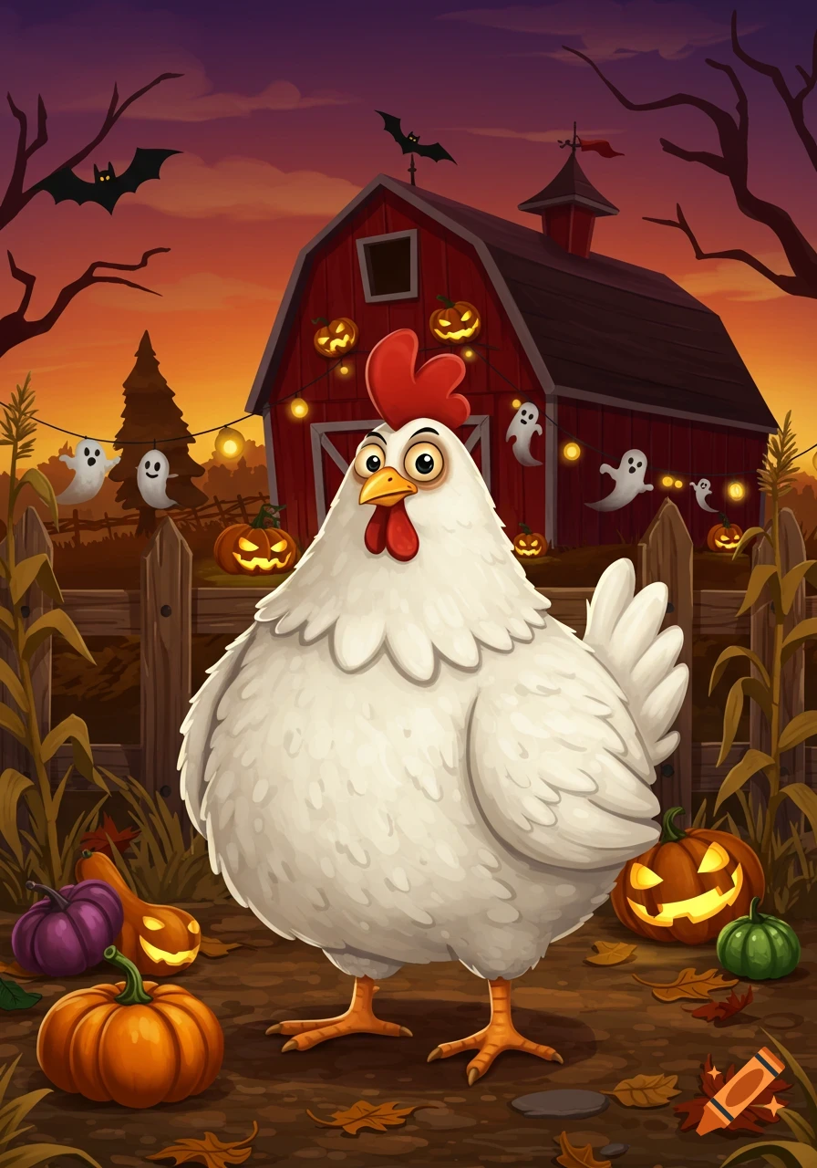 A cartoon white chicken stands in a Halloween-themed farmyard with a red barn, pumpkins, ghosts, and bats at sunset.